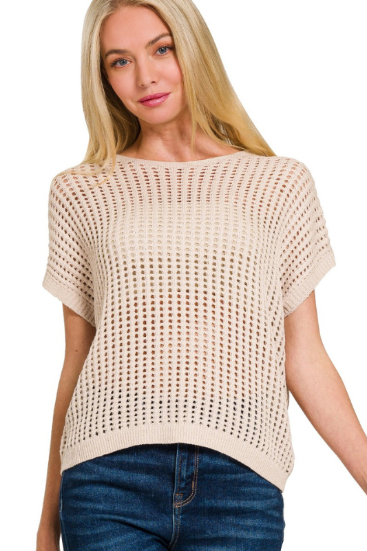 zenana beige short sleeve crochet top