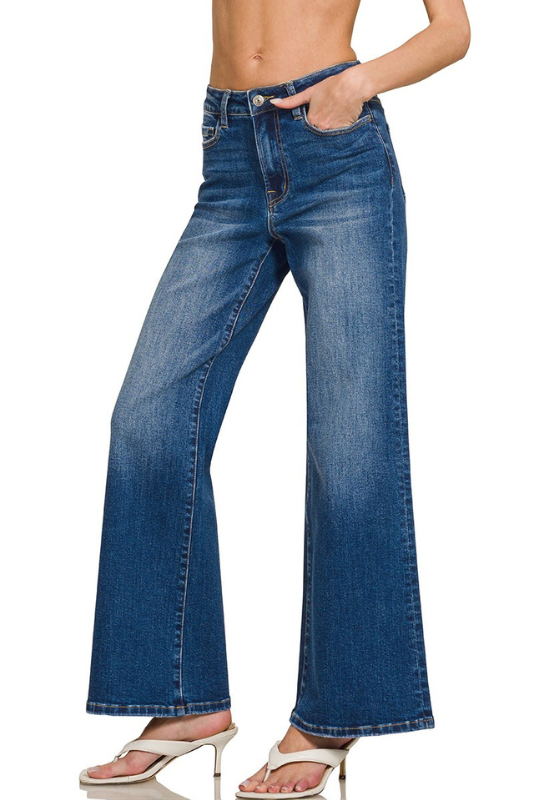 dark wash stretchy wide leg jeans