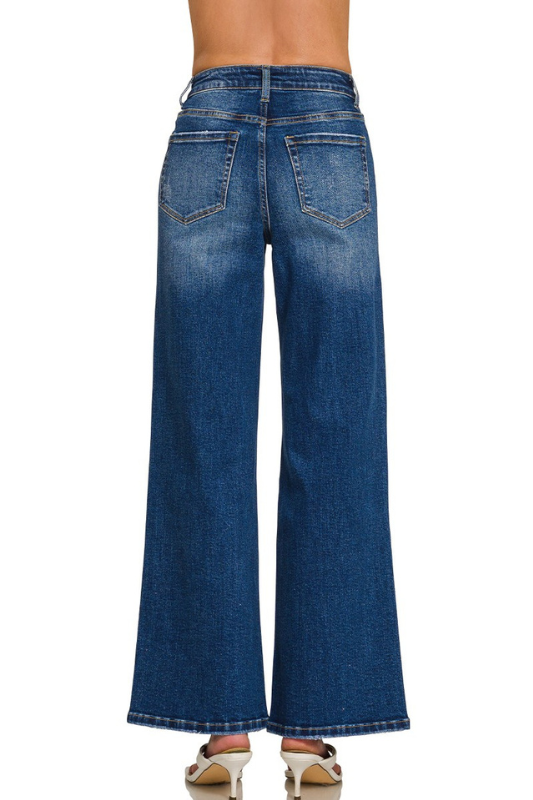 dark wash stretchy mid rise wide leg jeans