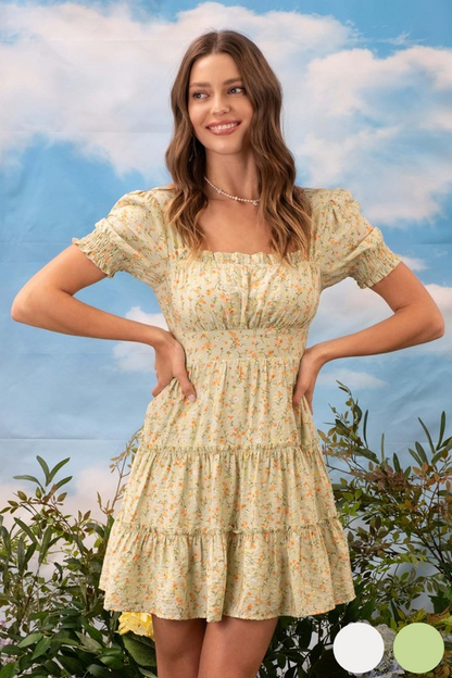 blu pepper sage green short puff sleeve floral short dress