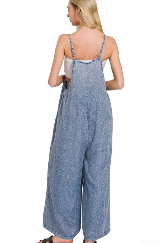 zenana sleeveless blue chambray wide leg jumpsuit