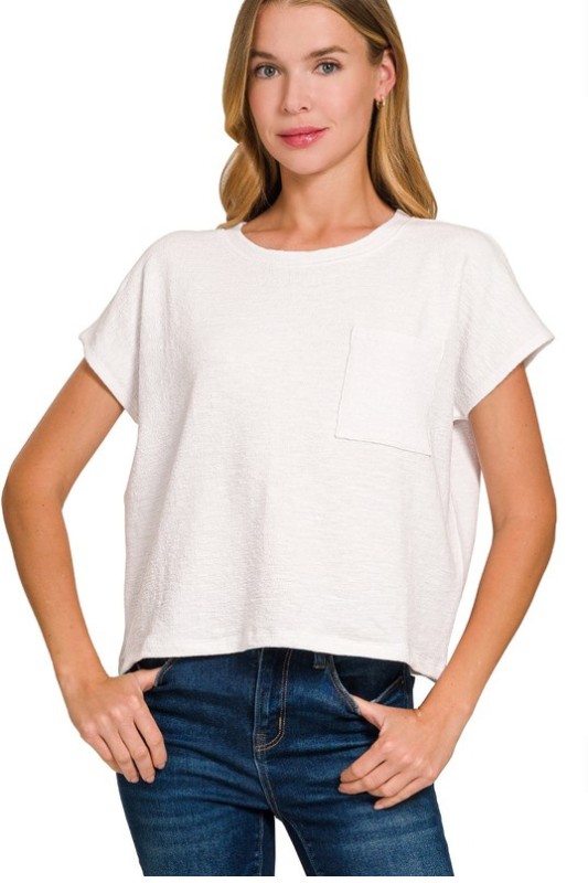 zenana white short sleeve long cropped pocket tee