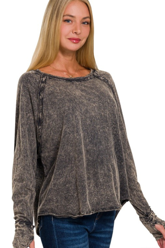 zenana black mineral wash long sleeve top