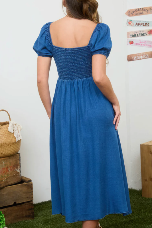 denim short sleeve midi dress
