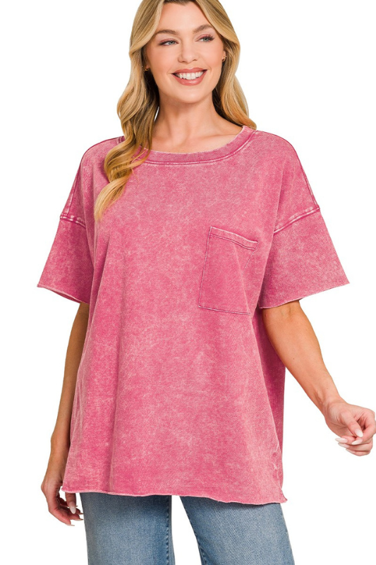 zenana pink oversized mineral wash short sleeve pocket tee