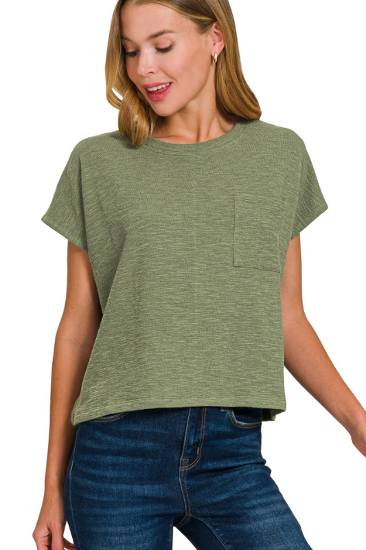 zenana olive green short sleeve pocket top