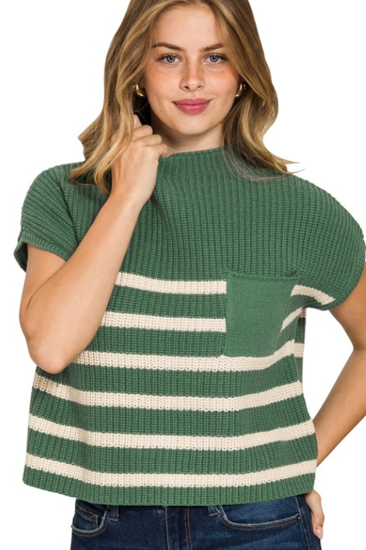zenana green striped pocket knit short sleeve top