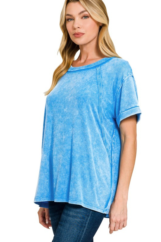 bright blue short sleeve mineral wash top