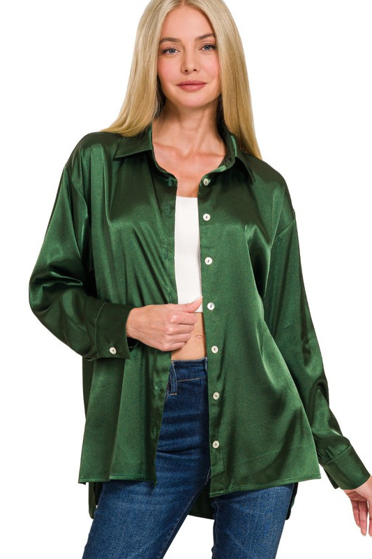 zenana green satin long sleeve button down