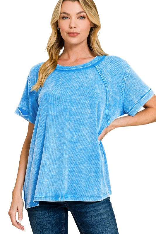 zenana blue ribbed mineral wash short sleeve top