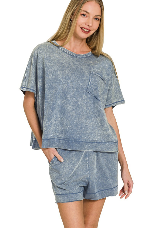 blue mineral wash lounge shorts