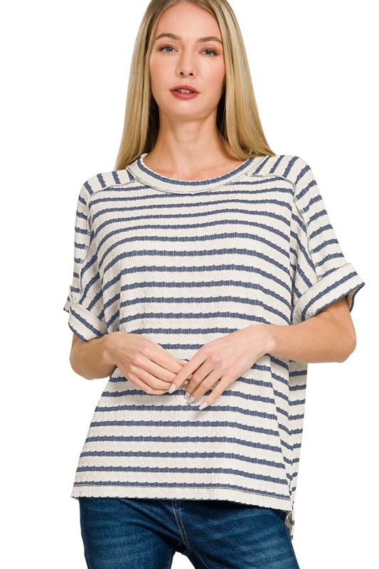 cream and navy striped short sleeve top