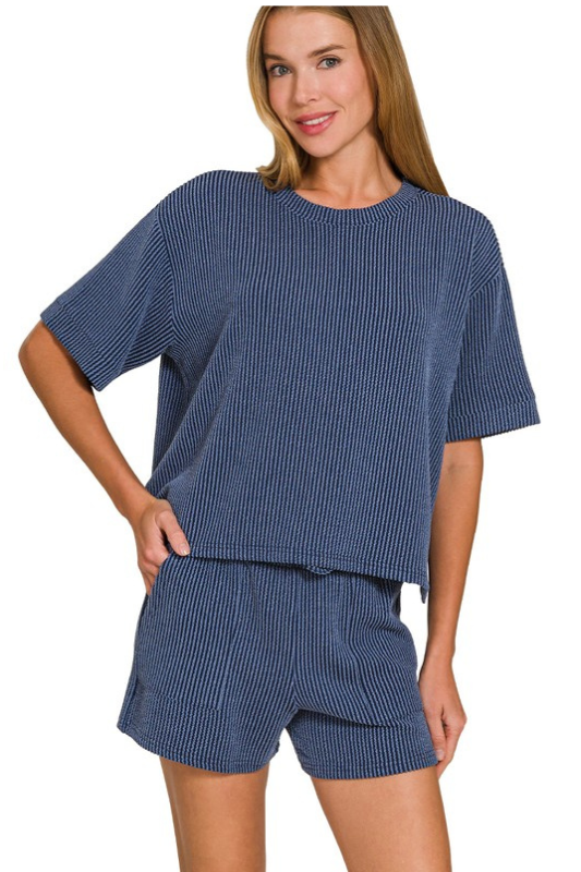 zenana navy blue short sleeve ribbed short set
