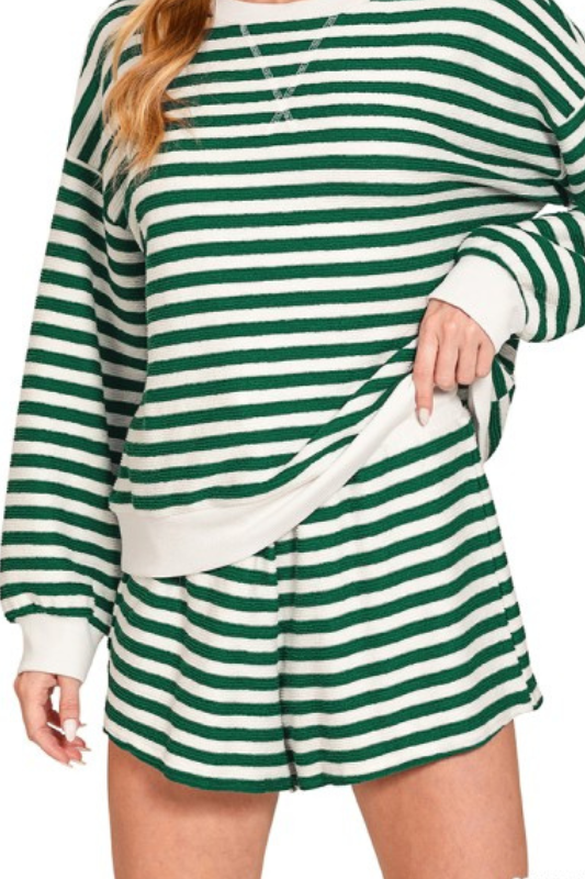 zenana green striped shorts set