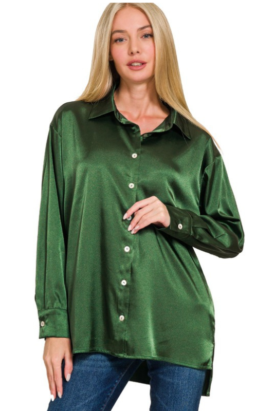 green long sleeve button up satin shirt women