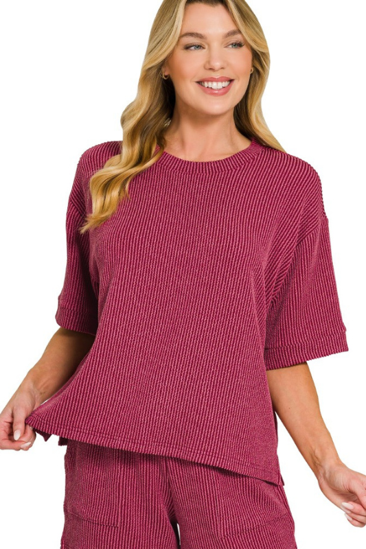 burgundy short sleeve ribbed top