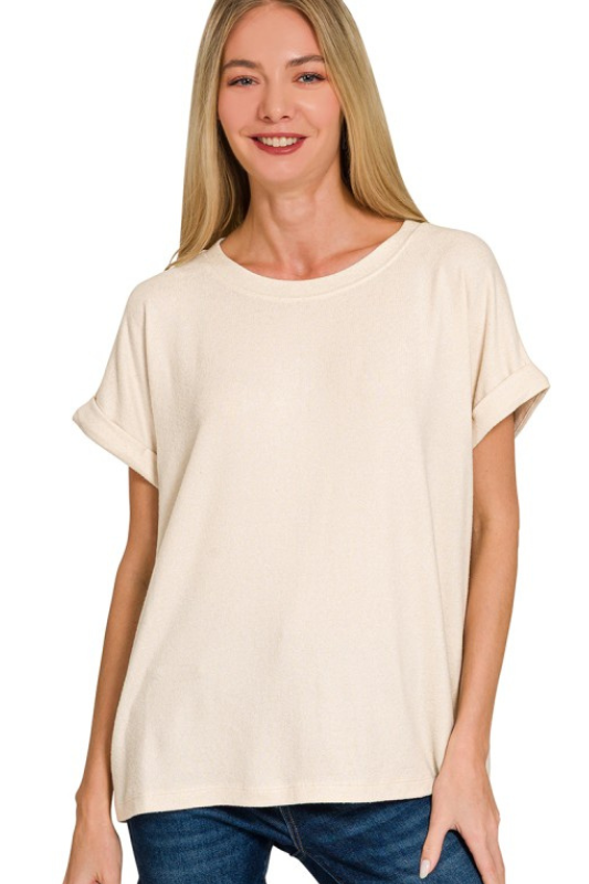 zenana beige short cuff sleeve soft top