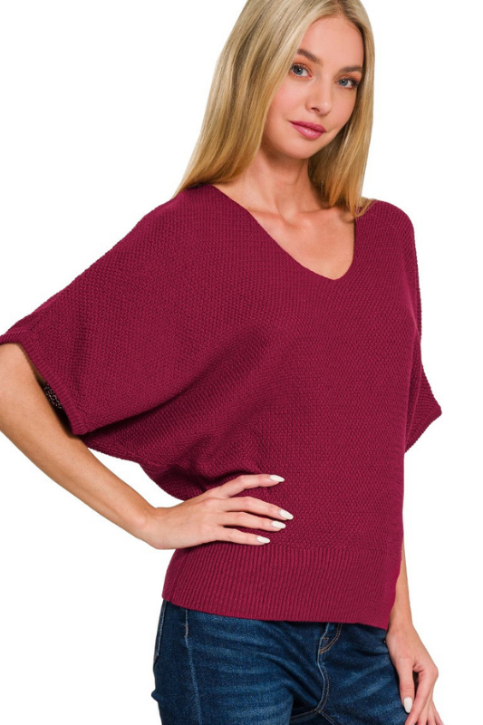 zenana wine short sleeve knit v neck top