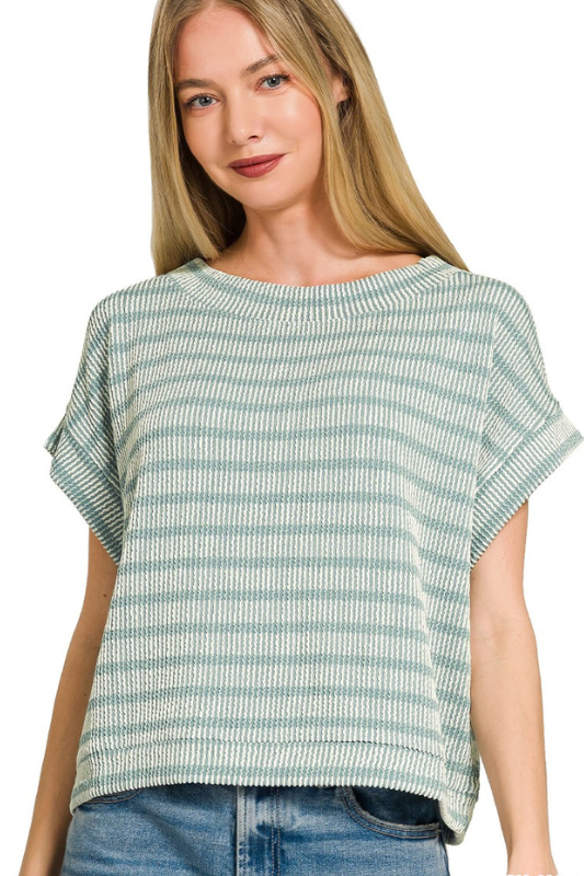 zenana jade green striped short sleeve top