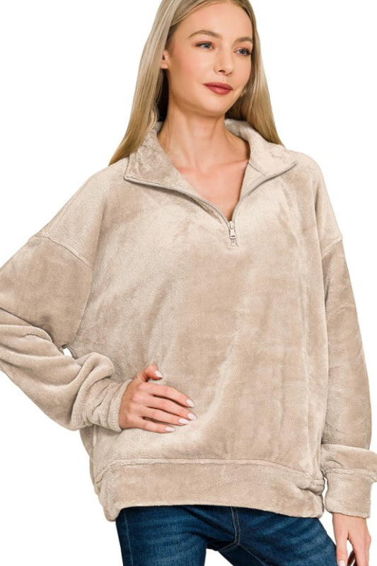 zenana faux fur long sleeve quarter zip pullover