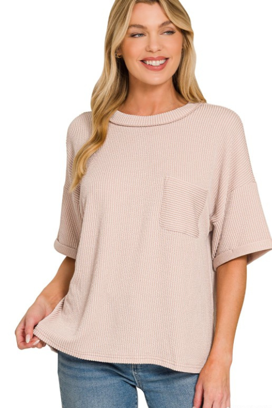 zenana ash mocha ribbed pocket short sleeve top