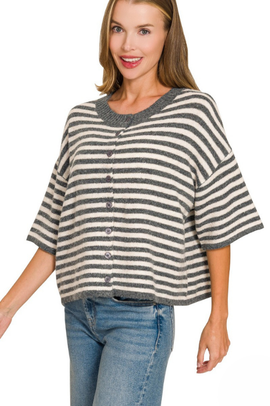 grey and cream striped knit top