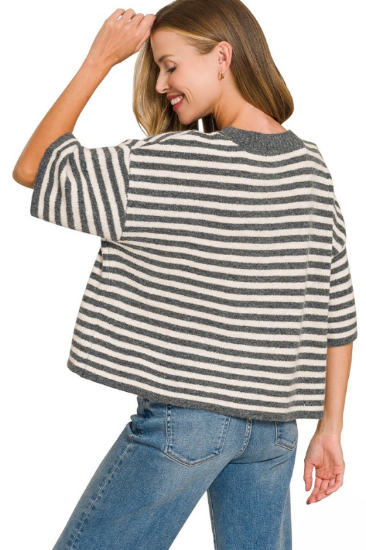 grey striped button down sweater