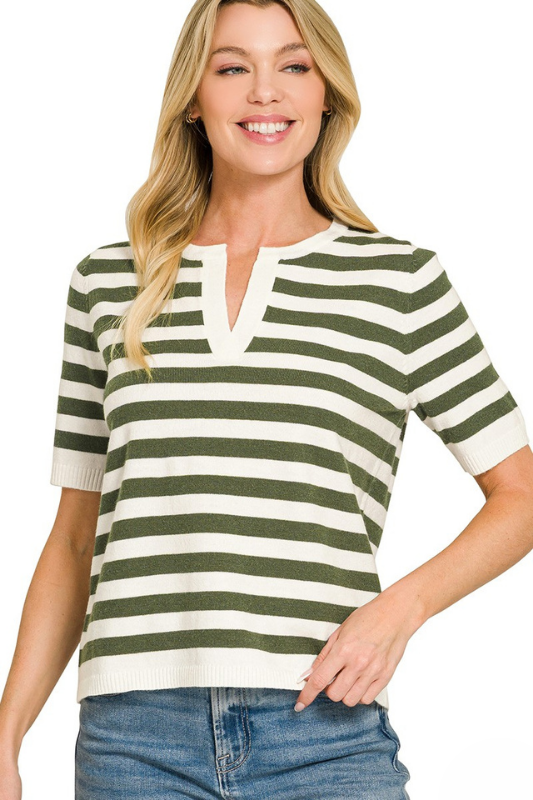 zenana olive green striped v neck knit top