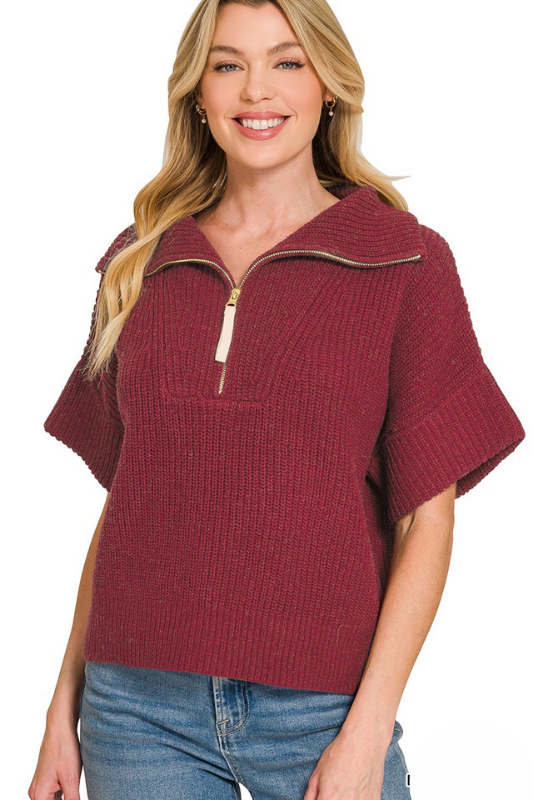 zenana burgundy knit short sleeve quarter zip top