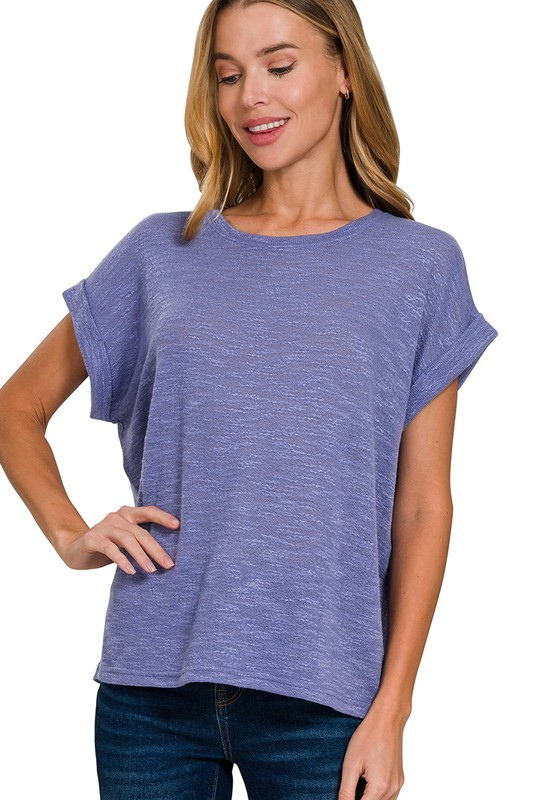 zenana periwinkle short rolled sleeve top