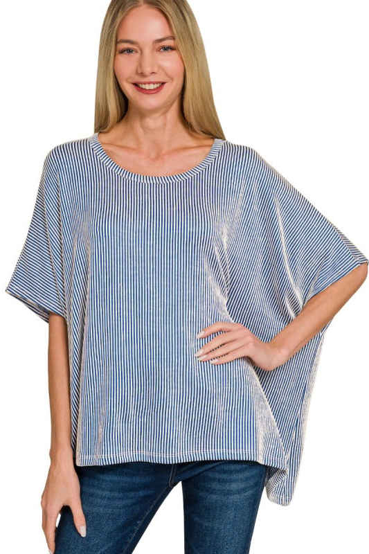 zenana blue ribbed flowy short sleeve top