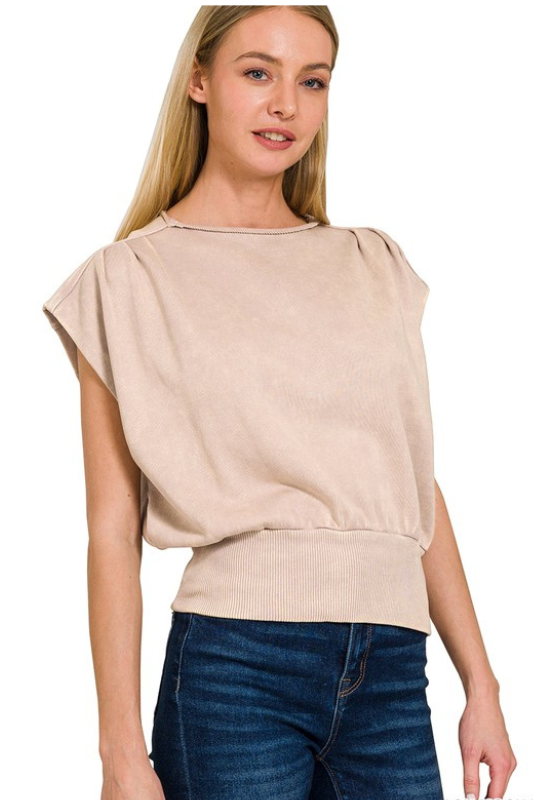 zenana light brown short sleeve mineral wash top