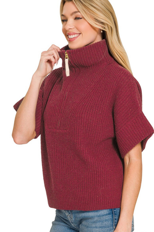 Burgundy Knit Quarter Zip Short Sleeve Top