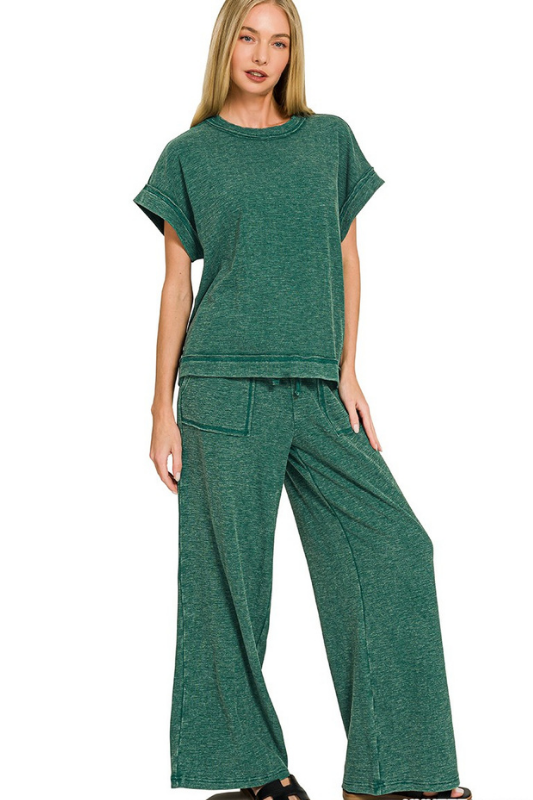 green short sleeve lounge pant set