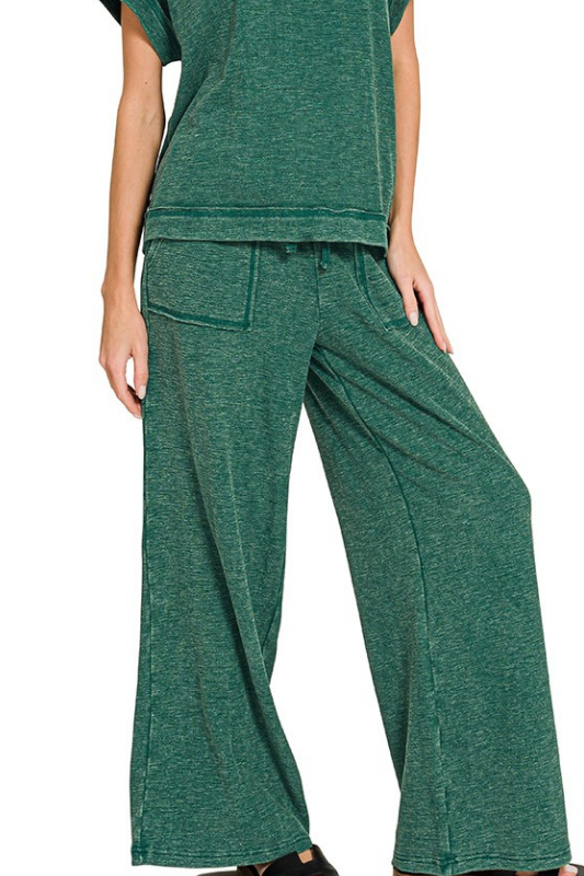 zenana green drawstring pants set