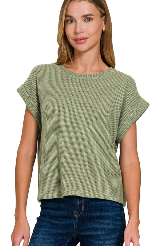 zenana olive green round neck rolled sleeve top