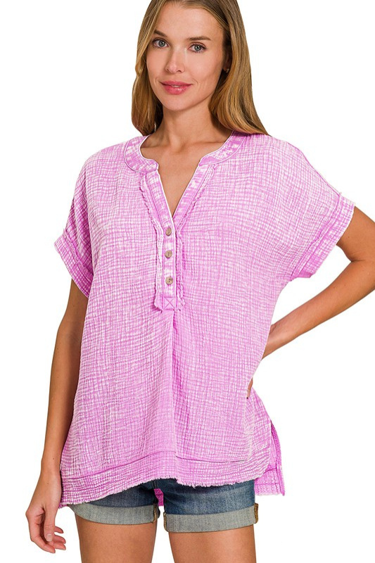 zenana pink gauze button short sleeve top