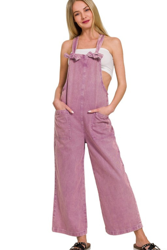 zenana violet mineral wash pocket obverall jumpsuit