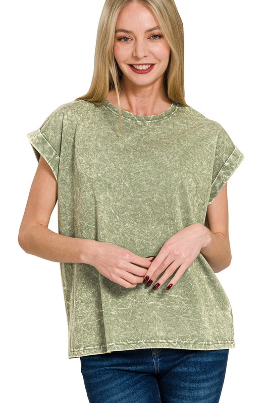 zenana olive green mineral wash short sleeve top