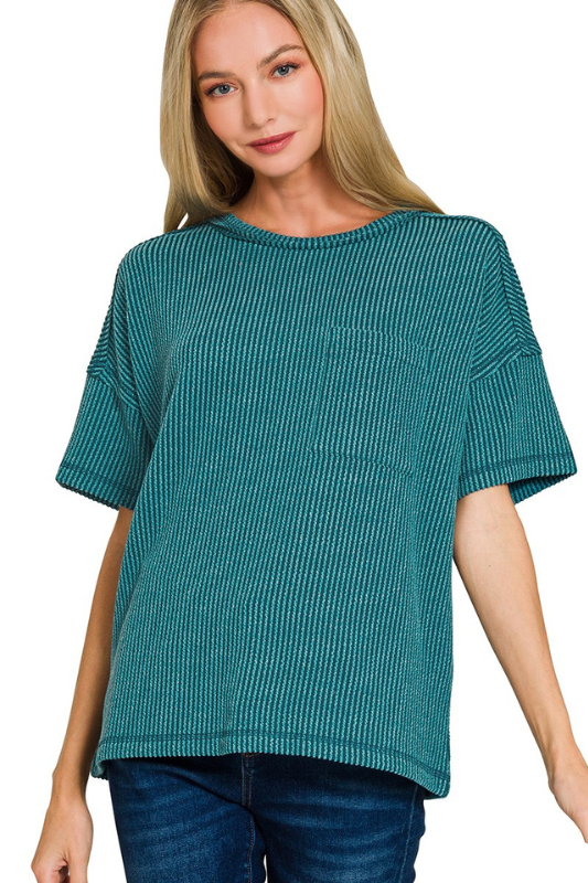 zenana teal short sleeve pocket top