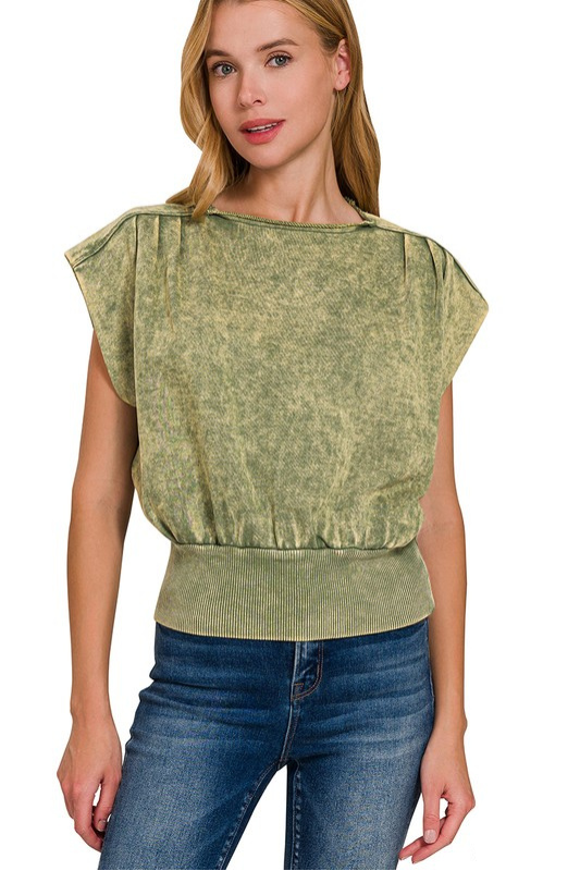 zenana olive green mineral wash short sleeve band top