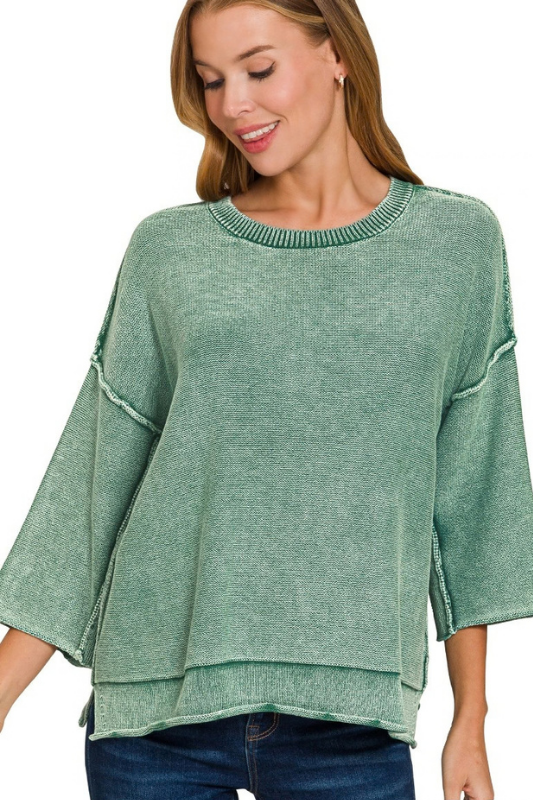 zenana green mineral wash quarter length sleeve top