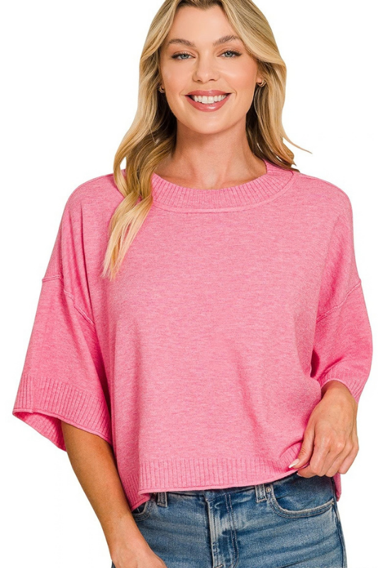 zenana pink short sleeve knit boxy top