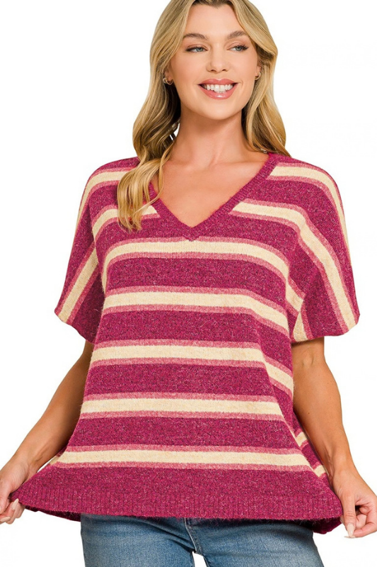plum striped knit v neck short sleeve striped top