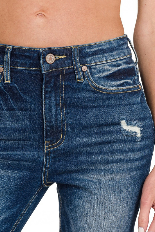 dark wash distressed fray crop jeans