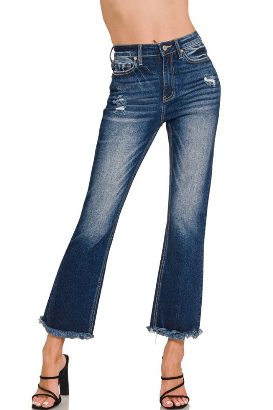 zenana dark wash high rise cropped straight leg jeans