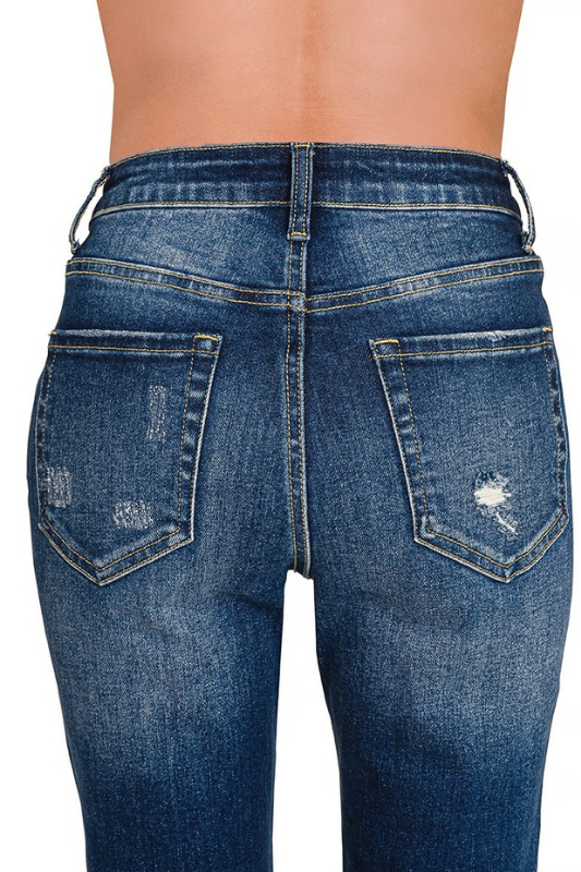 dark wash high rise distressed cut off jeans