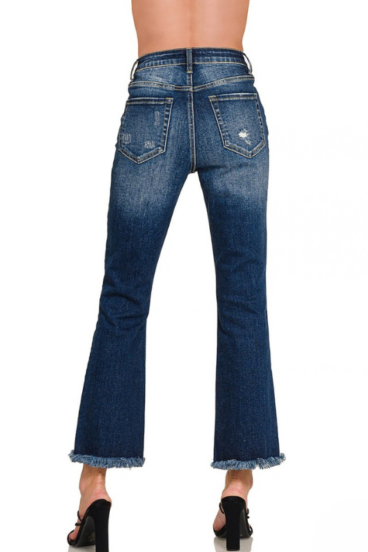 dark wash straight leg fray jeans