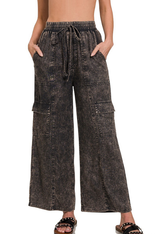 zenana black mineral wash elastic waist pocket wide leg pants