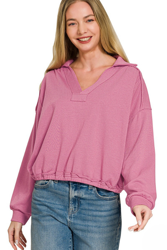 zenana rose long sleeve collar v neck top